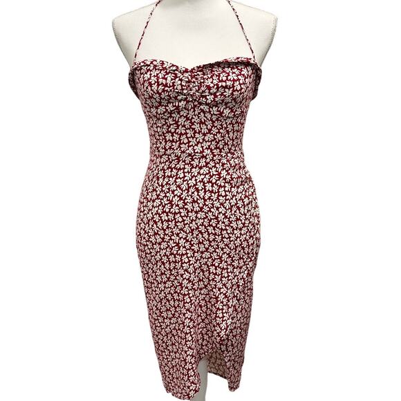 Reformation Rayna Red White Floral Halter Midi Dress Grenadine Cottage Pinup Mod - Picture 2 of 10